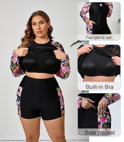 Women Plus Size Two Piece Long Sleeve Rash Guard Sets Built in Bra Swim Shirt Top and Shorts with Pockets UPF50+3