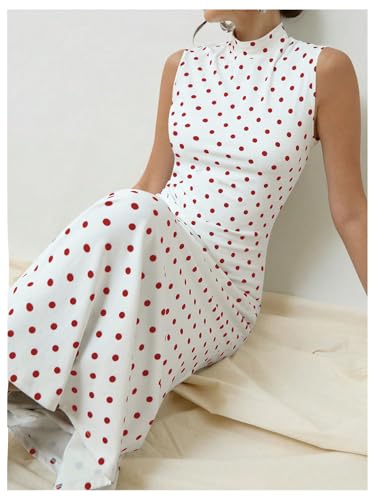 Image of Milumia Women's Polka Dots Maxi Tank Dress Vintage Mock Neck Sleeveless Elegant Long Dresses