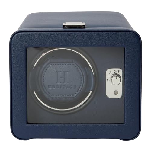 Wolf Heritage Single Winder with Glass Cover, Navy - Secure Fit with Patented Lock-in Dynamic Cuff - for Bigger, Heavier Watches - Vegan Leather - Includes Universal Adapter
