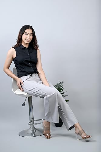 Image of Mlada Mid Waist Wide Leg Flared Pants Elastic Waist Band for Women Office Work Formal Wear Stretch Cotton Knit Flare Pants Utility Pockets Extra Flare Pants Trousers for Travel