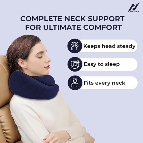 Image of nexlev Travel Neck Pillow | Orthopedic Premium Memory Foam | for Airplane, Car, Train, Office use & Cervical Pain | Machine Washable | 360 Support | Carry Pouch for Storage | NP-06