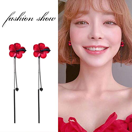 Trendy Red Green Poppy Flower Black Long Line Bar Alloy Tassel Earrings For Women Charm Drop Dangle Earring Jewelry (Red) #TOP4