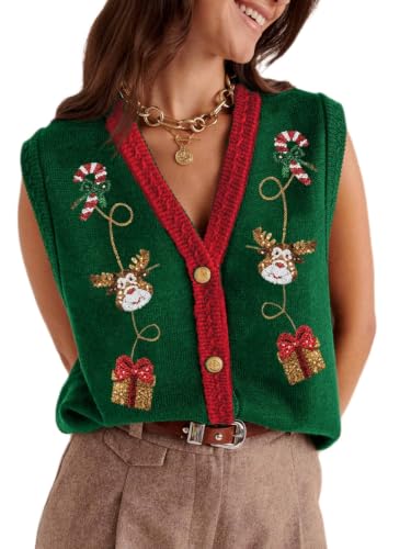 Image of Women Christmas Sweater Vests Santa Claus Sleeveless Cardigan | Women Christmas Sequin Sweater Vests, Button Down, Gingerbread Man Print, Christmas Holiday Tank Top