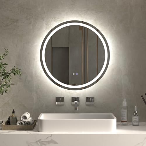 ExBrite 600 mm Round Bathroom Mirror with LED Light, Bathroom Light Mirror Wall Mounted Makeup Vanity Mirror with Anti-Fog, 3 Colors Dimmable, Memory Function, Horizontal/Vertical - Cosy Home Interiors ExBrite 600 mm Round Bathroom Mirror with LED Light, Bathroom Light Mirror Wall Mounted Makeup Vanity Mirror with Anti-Fog, 3 Colors Dimmable, Memory Function, Horizontal/Vertical