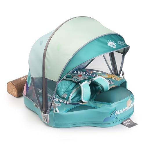 Image of Kalolary Non-Inflatable Mambobaby Baby Pool Float with Canopy | Baby Swim Float Infant Swim Trainer Ring Toddler Pool Float with Adjustable Strap & Tile for 3-24 Months Age Boys Girls