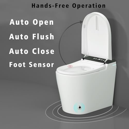 Inodoro inteligente compacto con asiento bidé integrado, diseño moderno sin tanque, apertura y descarga automáticas, asiento calefactado, secador de aire caliente instantáneo para baños pequeños, blanco con panel negro miniatura 7