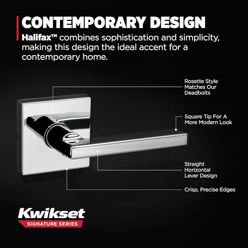 Image of Kwikset Halifax Interior Passage Door Handle, Lever For Closet and Hallway Doors, Reversible Non-Locking Handle Lever, Polished Chrome, Square Rose