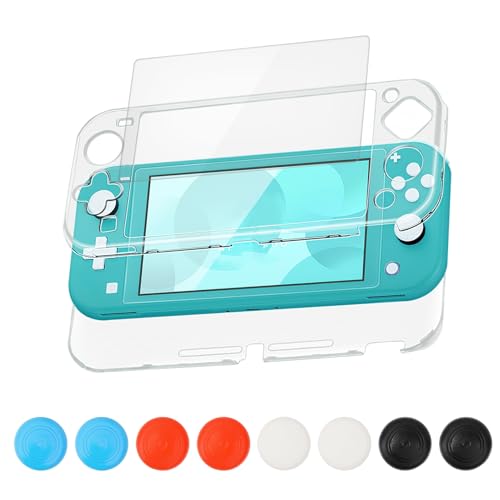 Funda protectora compatible con Nintendo Switch Lite 2019, cubierta dura de policarbonato transparente HD con protector de pantalla y 8 tapas de agarre para el pulgar, absorción de golpes,