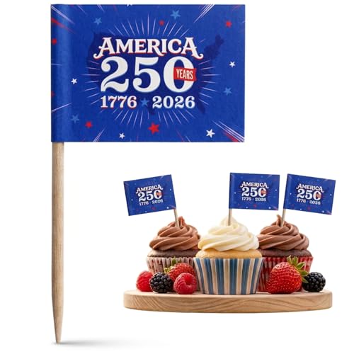 100 Pack America 250 Merchandise Toothpick Flags - Eco-Friendly USA 250th Anniversary Party Supplies & Cupcake Toppers - 1776-2026 Patriotic Mini Food Skewers for Appetizers Charcuterie July 4th