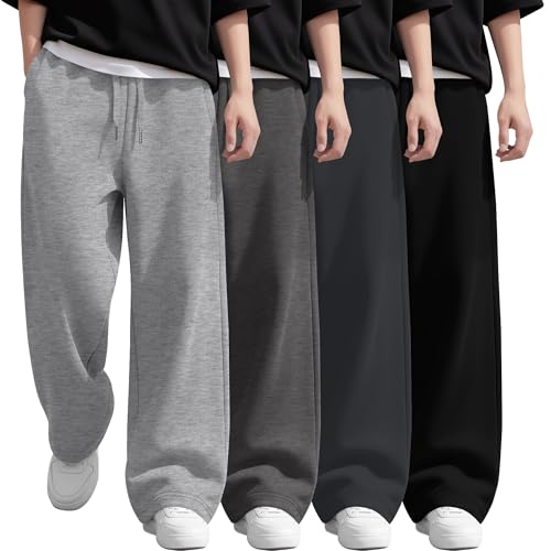 LessonZoo 4 Pack Boys Sweatpants Kids Straight Wide Leg Baggy Athletic Pants Drawstring Open Bottom Joggers with Pockets(Light Gray Dark Gray Gray Blue Black Small)