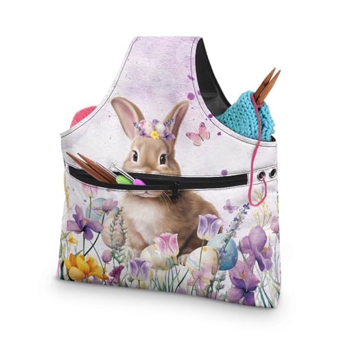 Image of KUIFORTI Cute Bunny Yarn Bag Easter Crochet Tote Bag Floral Yarn Storage Bag Organizer Travel Wrist Bag Lightweight Yarn Tote Bags for Crocheting on The Go Gifts for Mom Outdoors