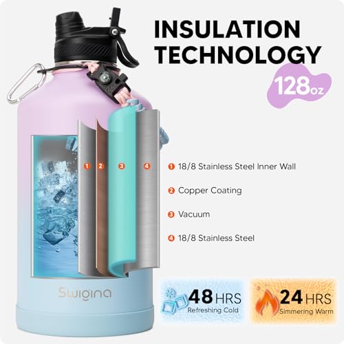 Image of Swigina [2-IN-1 LID] Gallon Insulated Water Bottle with Silicone Boot (48hrs Cold /24hrs Hot) - DIY Stickers, Leakproof, BPA Free, 128 oz