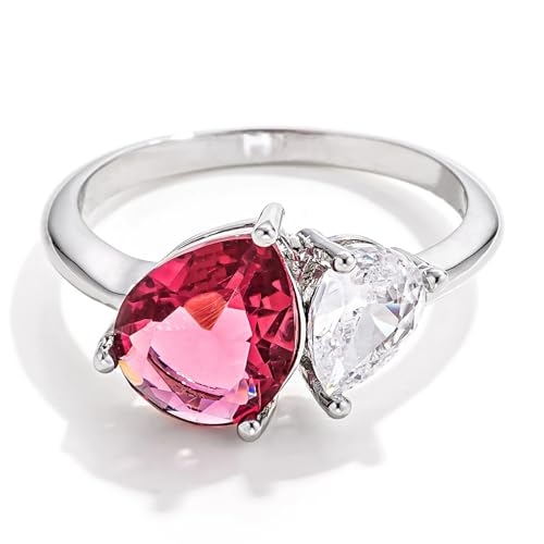 Toi et Moi Pear Shaped Clear White & Ruby Red Cubic Zirconia CZ Engagement Ring