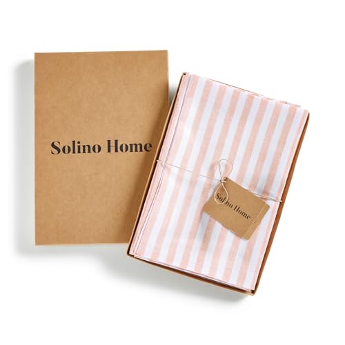 Image of Solino Home 100% Linen Napkins, 20 x 20 in, Coral, Amalfi Stripe, Set of 4 | a finishing touch for meals, weddings and holidays, woven stripe, European flax fibres, machine washable, OEKO-TEX Certified