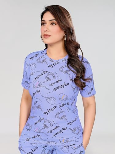 Image of VJ Fashion Women's Cotton Lycra Printed & Knitted Round Neck Night Wear Set of Top and Pazama