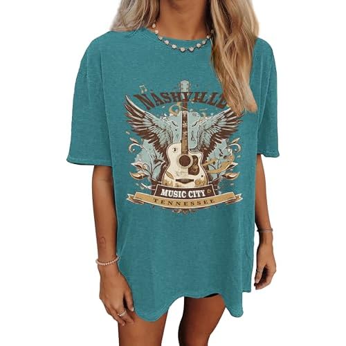 Women’s Nashville Country Music City Oversized Graphic T-Shirts Casual Band Tees Short Sleeve Rock Roll Tops