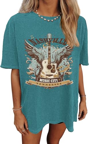 Women's Nashville Country Music City Oversized Graphic T-Shirts Casual Band Tees Short Sleeve Rock Roll Tops