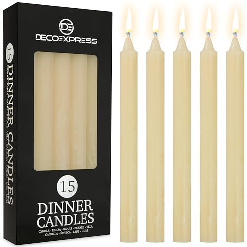 DECO EXPRESS Tapered Candle Set of 15 Classic Dripless Rustic Tapered Unscented 9H Burn Time Handmade Decorative Dinner Candles Restaurant Home Christmas (Ivory