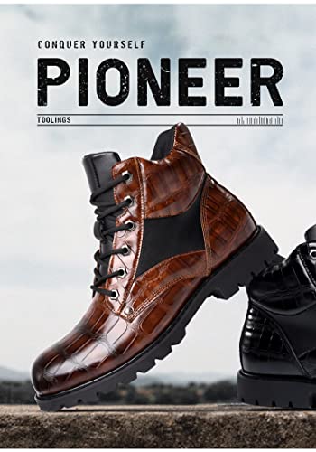 Image of Hopomart Men's Cowhide Printed Pattern Boots,Men's High Top Casual Leather Boots,Waterproof Lace Up Formal Shoes