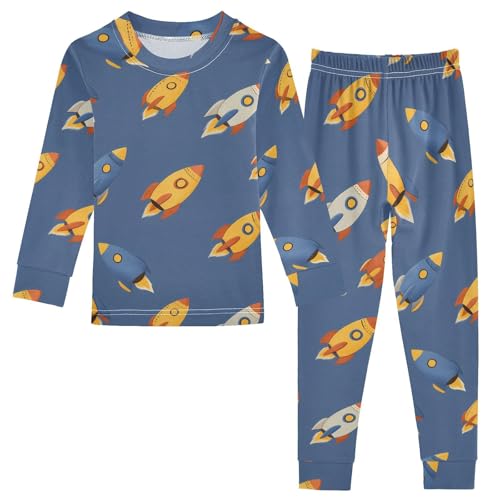 Cartoon Pajamas Set Rocket Ship Pattern Long Sleeve PJs Cotton Jammies Sleepwear Top and Pants Multicolor