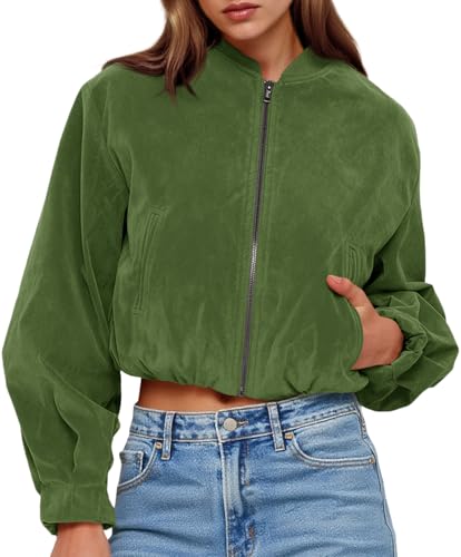 Tankaneo Womens Cropped Faux Suede Bomber Jackets Trendy Casual Zip