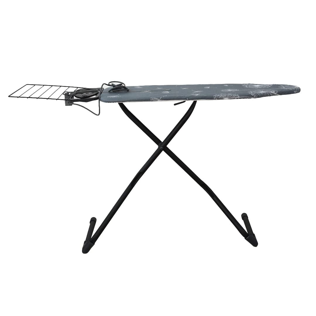 KADAX 120 x 42 cm, inklapbare strijkplank van aluminium met strijkijzerhouder en kabelhouder, in hoogte verstelbare strijkplank met stopcontact (donkerblauw