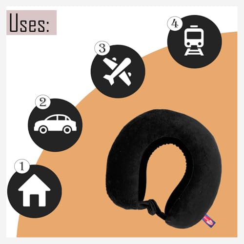 Image of Sassoon Memory Foam Travel Neck Pillow (Black, Pack of 1) - Ergonomic Support, Soft Breathable Washable Cover, Lightweight with Carry Loop for Travel & Home