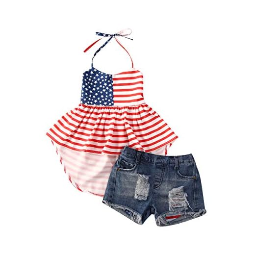 BULINGNA Conjunto de roupa infantil infantil infantil de 4 de julho, top com bandeira dos EUA + shorts jeans de verão, Listrado, 1T/2T