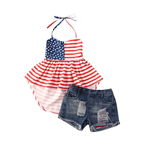 BULINGNA Kids Toddler Baby Girl 4th of July Outfit, USA Flag Halter Top Dress + Denim Shorts Summer Clothes Set (Striped, 4T/5T)