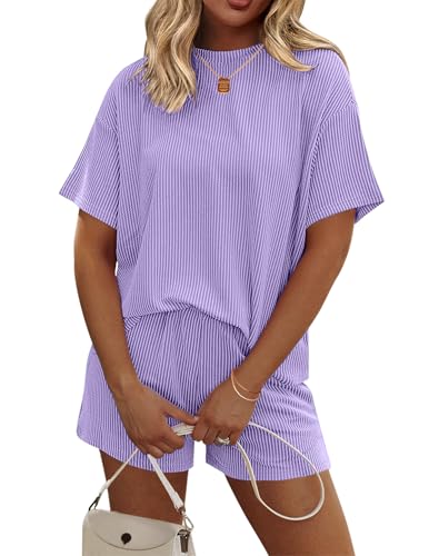 Image of Ekouaer 2 Piece Sets for Women Matching Lounge Sets Summer Outfits | Casual Loungewear, Ribbed Loose Set, Short Sleeve Shirt and Shorts, Crewneck, With Pockets