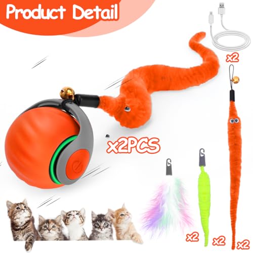 Image of 2PCS Interactive Cat Toy Ball, Rechargeable Cat Toys for Indoor Cats | with Feather Tails for Kittens Chasing, Motion Activated Ball for Enrichment, Automatic Rolling Toys to Keep Them Busy Orange