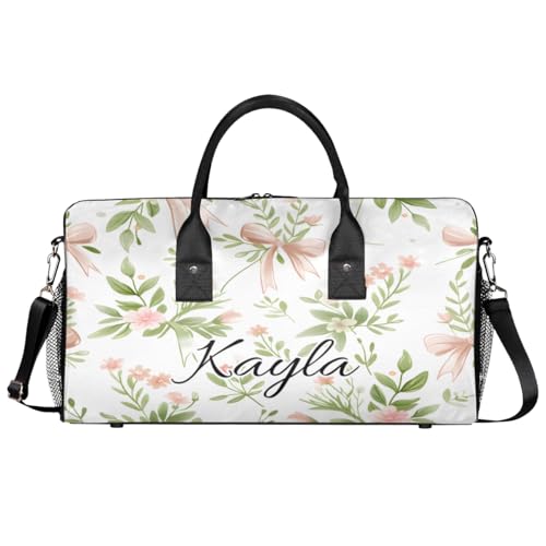 Pink Flower Custom Travel Bag, Personalized Duffle Bag with Initials Name, Green Leaf Sports Dance Gym Tote Bags Weekender Overnight Bags for Women Men