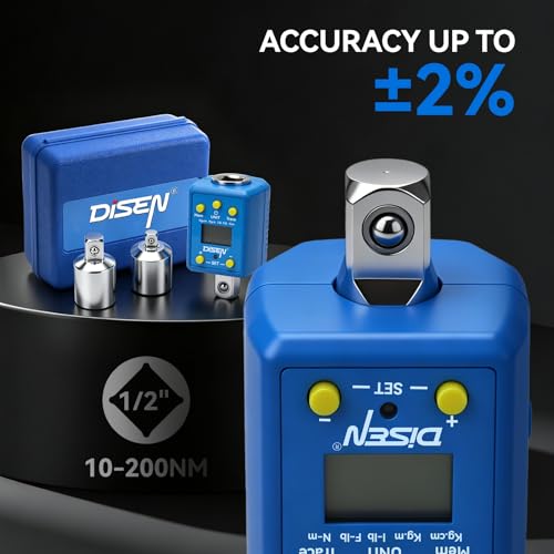 Image of DISEN 1 /2 inch Digital Torque Adapter Set (10-200 N.m / 7.4-147.5 ft-lb), ±2% Accuracy, Mem & Trace Modes, Buzzer & LED Alert,Works with Ratchet & Breaker Bar, for Automotive Motorcycle