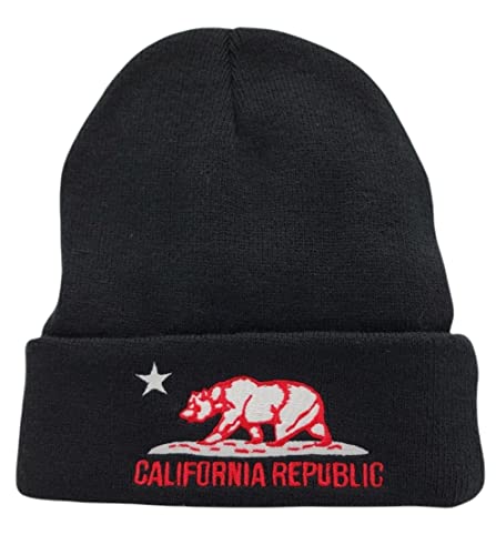 Altis Apparel California Republic with Bear Winter Knit Beanie Hat with Cuff (White Bear)
