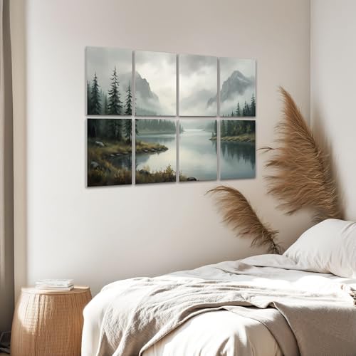 8 Pack Paneles Acústicos Artísticos Absorbentes de Sonido Bosque Nebuloso Verde Monte Lago Niebla Madera Paisaje Naturaleza Óleo Decorativo Paneles Autoadhesivos para Estudios de Grabación en Casa 48"x32" miniatura 6