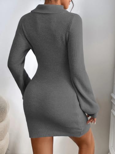 Image of Turtleneck Sweater Dress for Women Lantern Sleeve Mini Bodycon Ribbed Knit Sweater Pullover Short Dresses XS-XXL