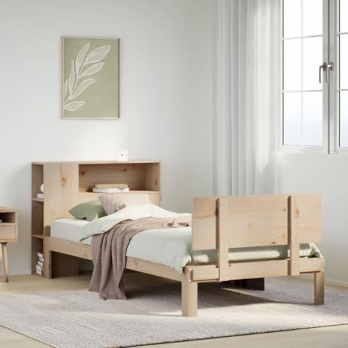 Homgoday Cama con estantería sin colchón Madera Maciza de Pino 75x190 cm Cama Doble/Cama individua, Cama con Estante y somier de láminas, sin colchón Natural 75 x 190 cm