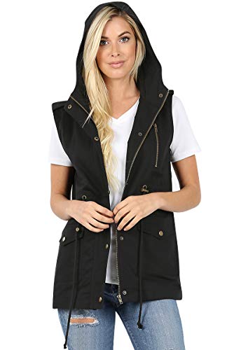 Womens Hoodies Lightweight Sleeveless Military Anorak Drawstring Loose Jacket Vest -Black (2X)