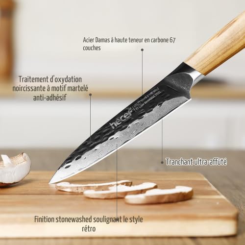 hecef Couteau Cuisine Universel Damas 13 cm, Manche en Bois d'Olivier – vue 2