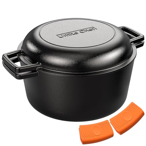 2-in-1 Pre-Seasoned Cast Iron Double Dutch Oven Pot with Skillet Lid & Silicone Sleeves – Raised Rib Skillet Lid– Umite Chef 7QT Cast Iron Skillet Cookware Pan Set wirh Dual Handles – Oven, Grill, Campfire & Stovetop Safe –PFAS-Free