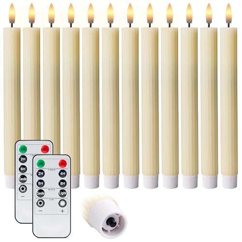 Image of 10 inch Fluted LED Ivory Grooved Pillar Candles with 2 Remotes & 24h Timer Memory, On /Off Switch - Flameless Dimmable Battery Operated w /Flicker Mode, Home Wedding Decor (12 Pack)
