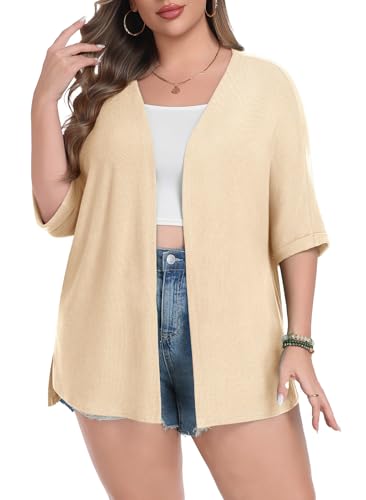 Image of Lastshe Womens Plus Size Cardigan Short Sleeve Lightweight Loose Cover Ups Open Front Sweaters Summer Cardigan