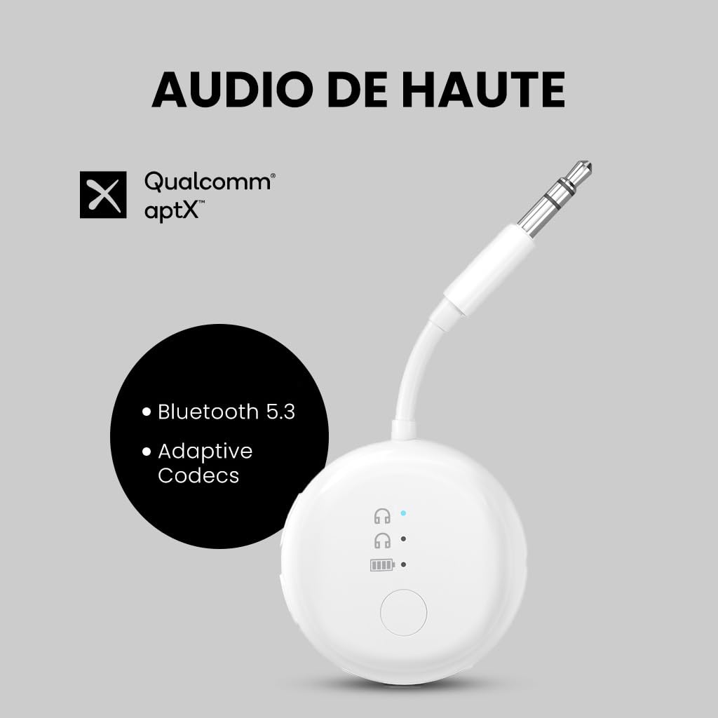 Avantree SoundJet R1 Adaptateur Avion Bluetooth aptX Adaptive 20 h Autonomie Transmetteur Audio sans Fil Puce Qualcomm Blanc