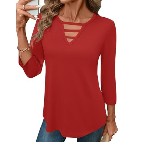 LOMON Women's 3/4 Length Sleeve Tops Crew Neck Hollow Out T Shirts Fashion Casual Tops for Women 2026 Medium Red