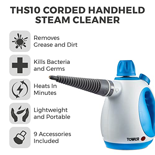 Tower THS10 Handheld Steam Cleaner, Includes Crevice Tool, Flexible Hose, 1050 W, Brush Tool, Microfiber Cloth, Blue, 250 ml Capacity - Image 2