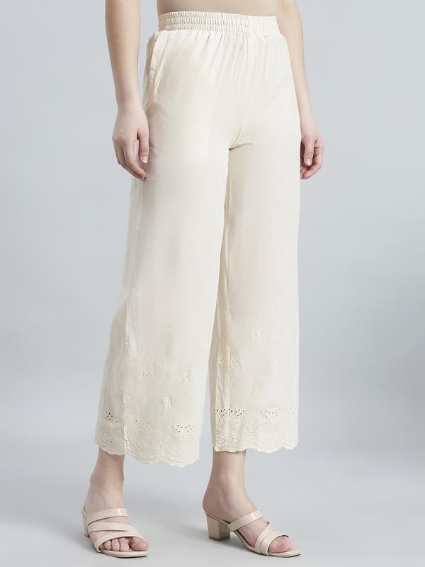 Image of GO COLORS Women Cotton Hakoba Wide Pant Ankle Length, Floral Embroidery, Relaxed Fit, Mid-Rise with Side Pocket