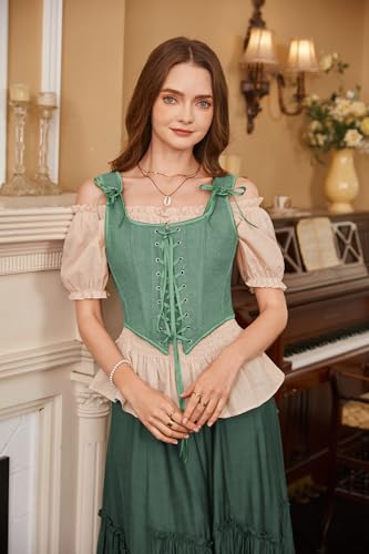 Image of Scarlet Darkness Women's Renaissance Corset Tops Vintage Lace Up Overbust Bustier Bodice Bean Green 14