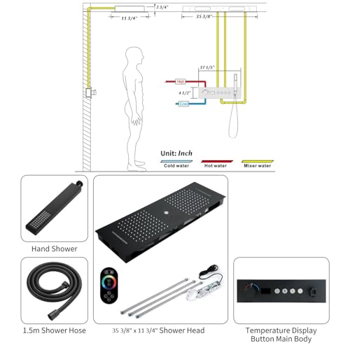 Cascada Artemisia 12"x36" LED Sistema Digital de Ducha con Bluetooth Grande (Montaje en Techo) con 5 Mandos y 4 Funciones (Doble Lluvia, Doble Cascada, Columna de Agua y Ducha de Mano) (Negro Mate) miniatura 7