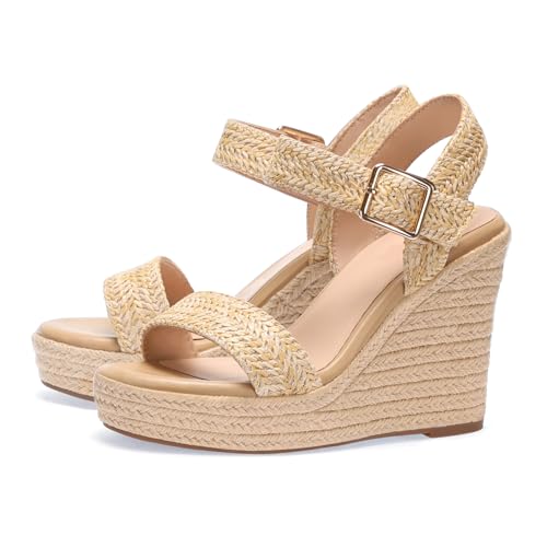 Image of Wedges for Women, Espadrille Platform Sandals, Comfortable Open Toe Wedge Heels with Ankle Strap Buckle, Summer Vacation Casual Shoes
