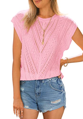 Image of Langwyqu Womens Cap Sleeve Tops Summer Crew Neck Shirt Lightweight Crochet Knit Sweater